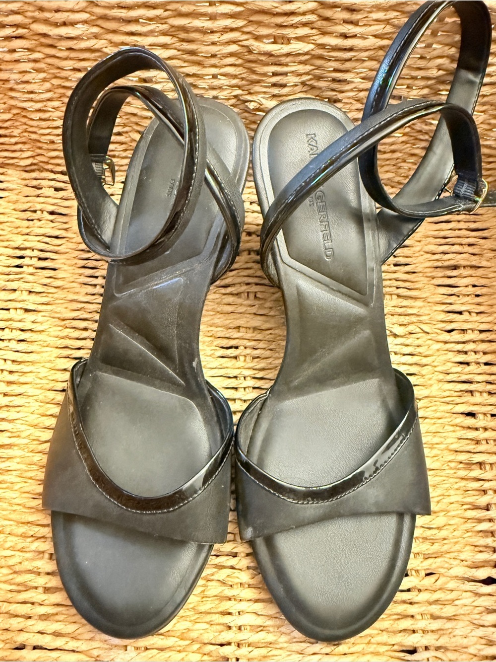 Karl Lagerfeld Black Patent and Matte Black Ankle-Strap Wedge